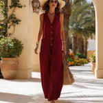 Women's Sleeveless Wide-Leg Jumpsuit with Button Pockets