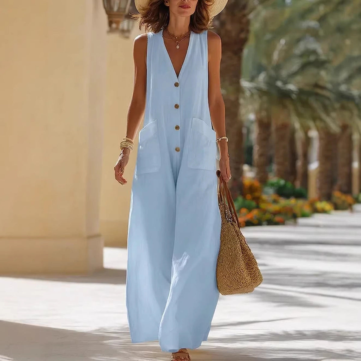 Women's Sleeveless Wide-Leg Jumpsuit with Button Pockets