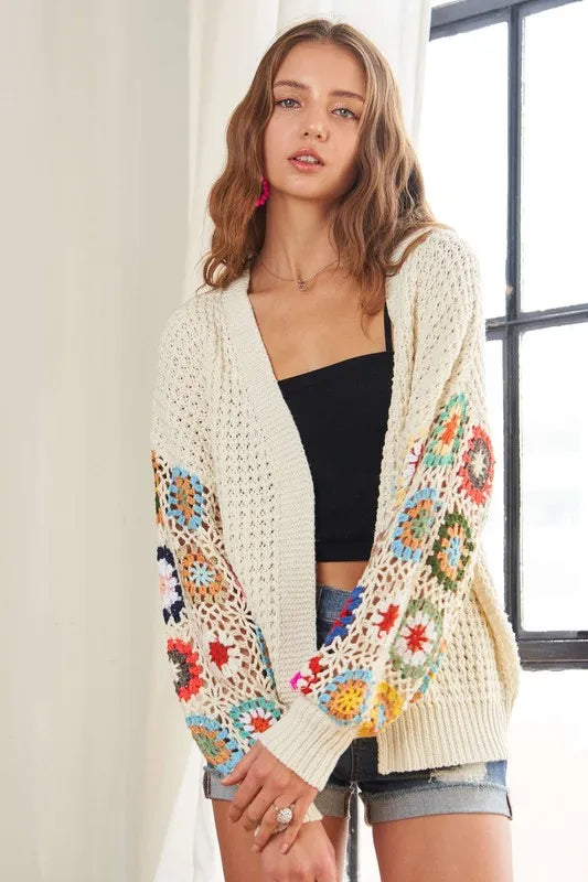 ADORA Full Size Contrast Crochet Open Front Long Sleeve Cardigan - Shopimist