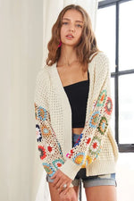 ADORA Full Size Contrast Crochet Open Front Long Sleeve Cardigan - Shopimist