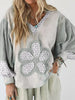 Floral Patched Waffle Textured V Neck Casual Hooded Top test