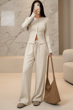 Women's Stripe Fitted Button-Front Crop Top & Drawstring Wide-Leg Pants Set