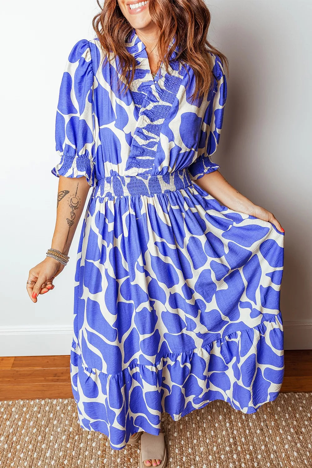 Abstract Print Smocked Waist Puff Half Sleeve Dress - Shopimist
