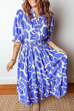 Abstract Print Smocked Waist Puff Half Sleeve Dress - Shopimist