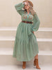 Plus Size Tassel Printed Tie Neck Long Sleeve Midi Dress test