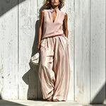 Women's Textured Knit V-Notch Stand Collar Tank & Striped Wide-Leg Palazzo Pants Set