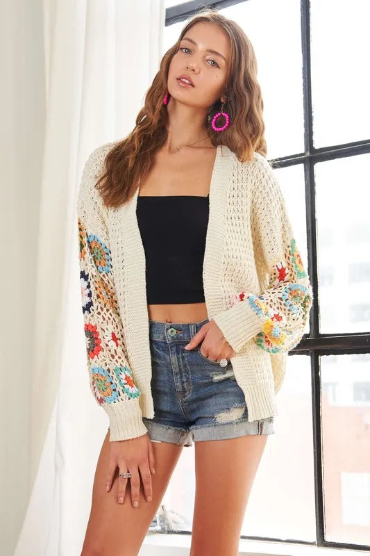 ADORA Full Size Contrast Crochet Open Front Long Sleeve Cardigan - Shopimist