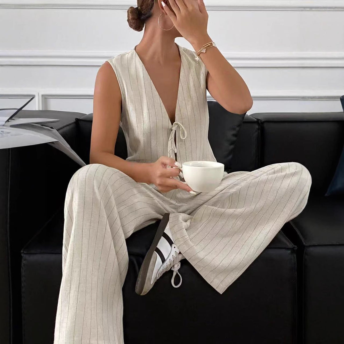 Women's Pinstripe Lace-Up Vest & Wide-Leg Trouser Co-Ord