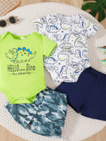 Baby boys' dinosaur bodysuits with matching camo and navy shorts, trendy kids' clothing