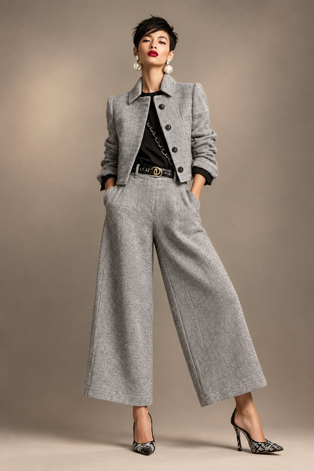 Women's Textured Cropped Jacket & Wide-Leg Pants Set