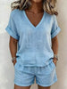 V-Neck Linen Blend Short Sleeve Top and Shorts Set test