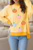 Stripe Halloween Pumpkin Face Waffle Knit Pullover Loose Top with Slits test