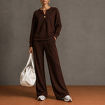 Women's Single-Button Split-Neck Sweatshirt & Wide-Leg Pants Set
