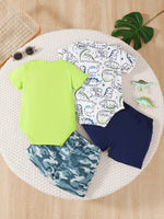Kids' fashion set with neon green bodysuit, dinosaur print top, camo and navy shorts