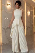 Women's Mock Neck Asymmetric Hi-Lo Peplum Top & Accordion Pleated Wide-Leg Palazzo Pants Set