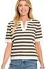 Zenana Split Neck Stripe Short Sleeve Sweater
