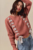 SO ME Checkered Plaid Tape Lace Up Ribbed Sweater