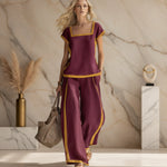 Women's Linen-Style Square Neck Cap Sleeve Top & Wide-Leg Pants Set with Contrast Trim