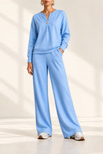 Women's Single-Button Split-Neck Sweatshirt & Wide-Leg Pants Set