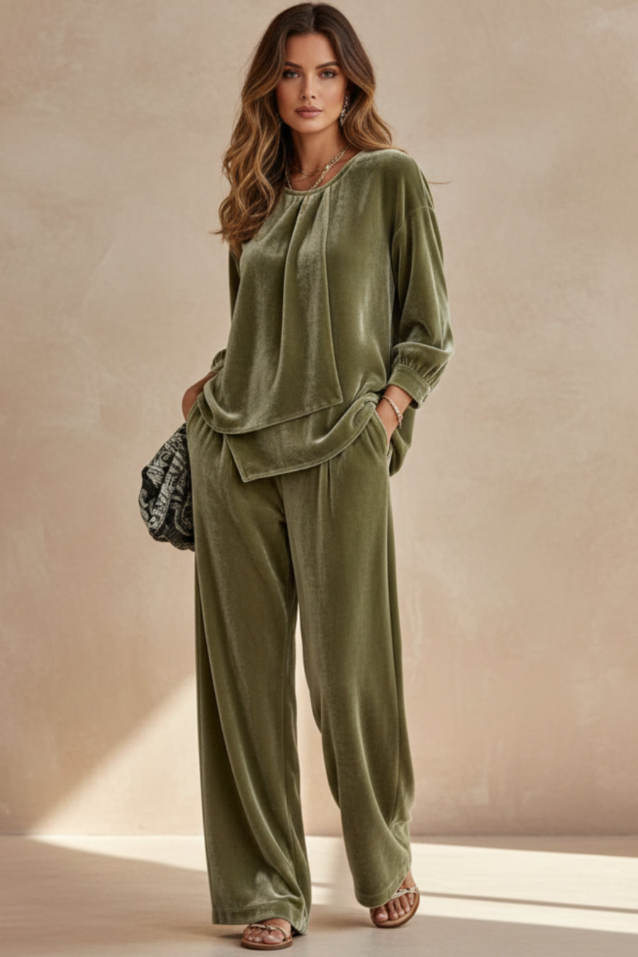Women's Velvet Center-Pleat Relaxed Top & Wide-Leg Pants Set