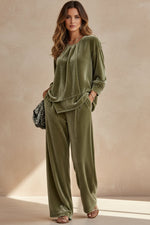 Women's Velvet Center-Pleat Relaxed Top & Wide-Leg Pants Set