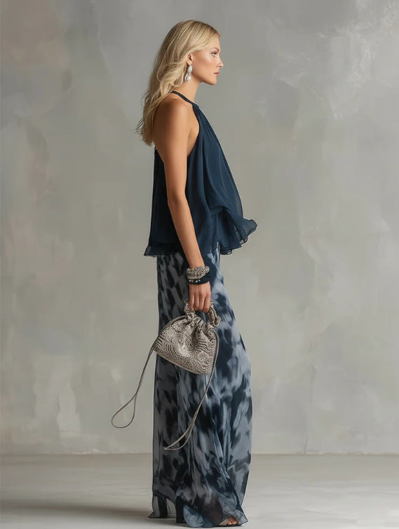 Women's Navy Ruffled Halter Top & Abstract-Print Palazzo Pants Set