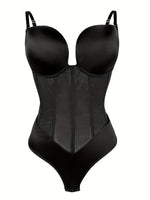 1pc Sexy Corset Solid Color Deep V Neck Contouring Onesie Belly Control Waist Trainer Slimming Thong Shapewear Women'S Lingerie
