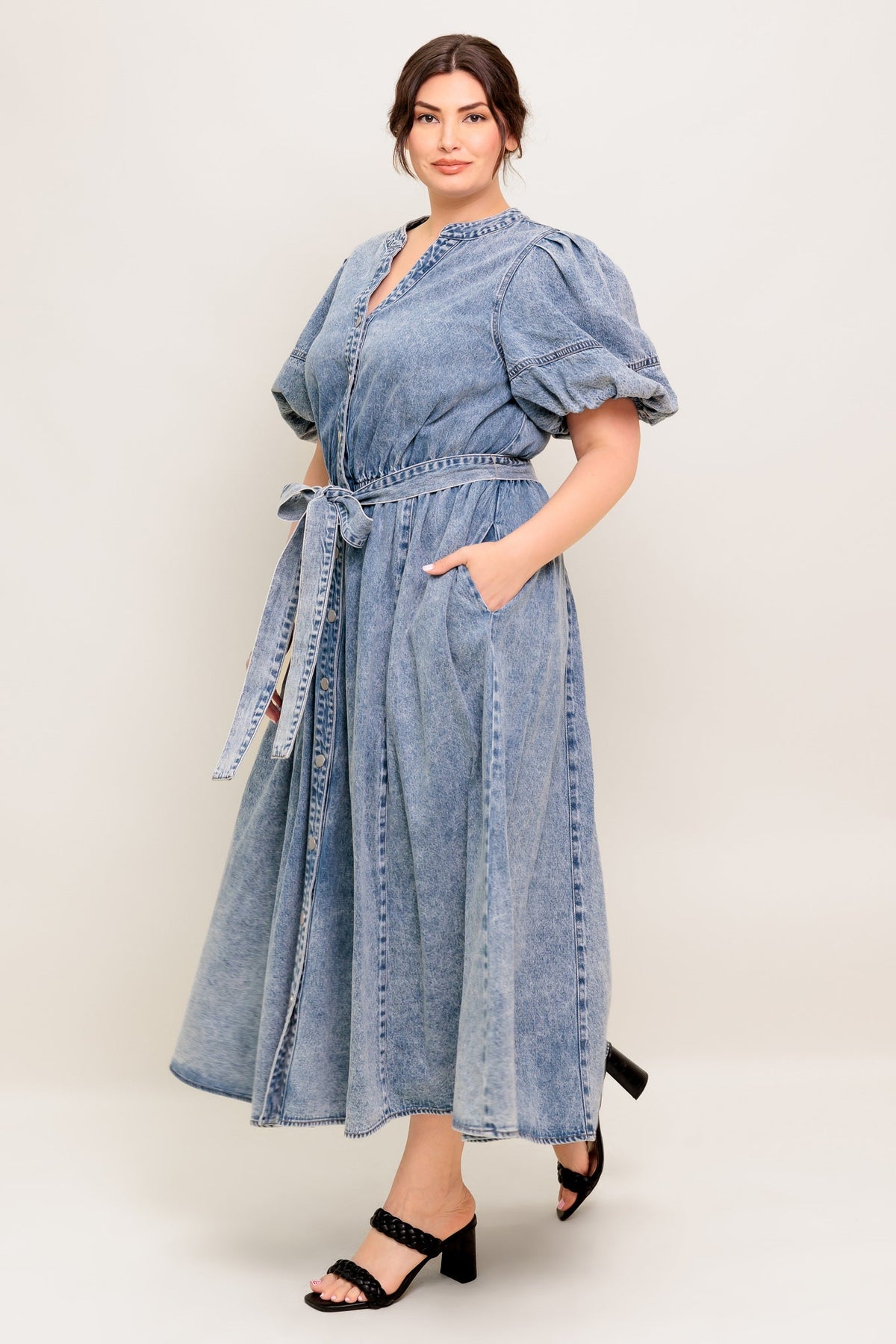 BAREFORM LIGHT DENIM MIDI DRESS