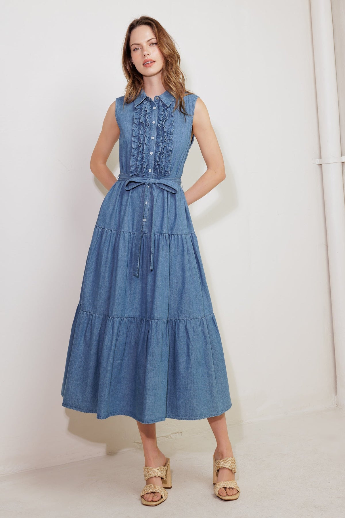 PETALS FALLING SLOWLY DENIM MIDI DRESS