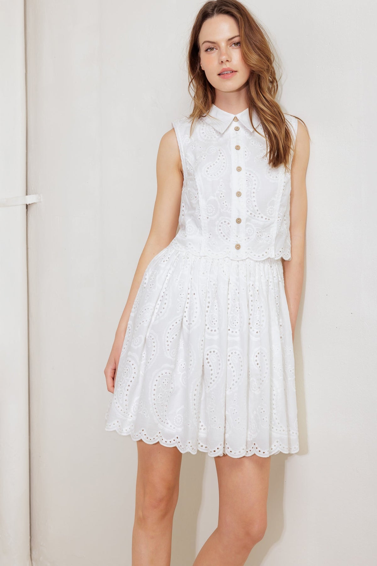 LEAF KISS WHITE WOVEN EYELET MINI DRESS