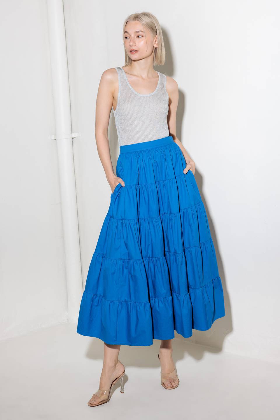SIMPLY SPELLBOUND BLUE WOVEN FULL MIDI SKIRT