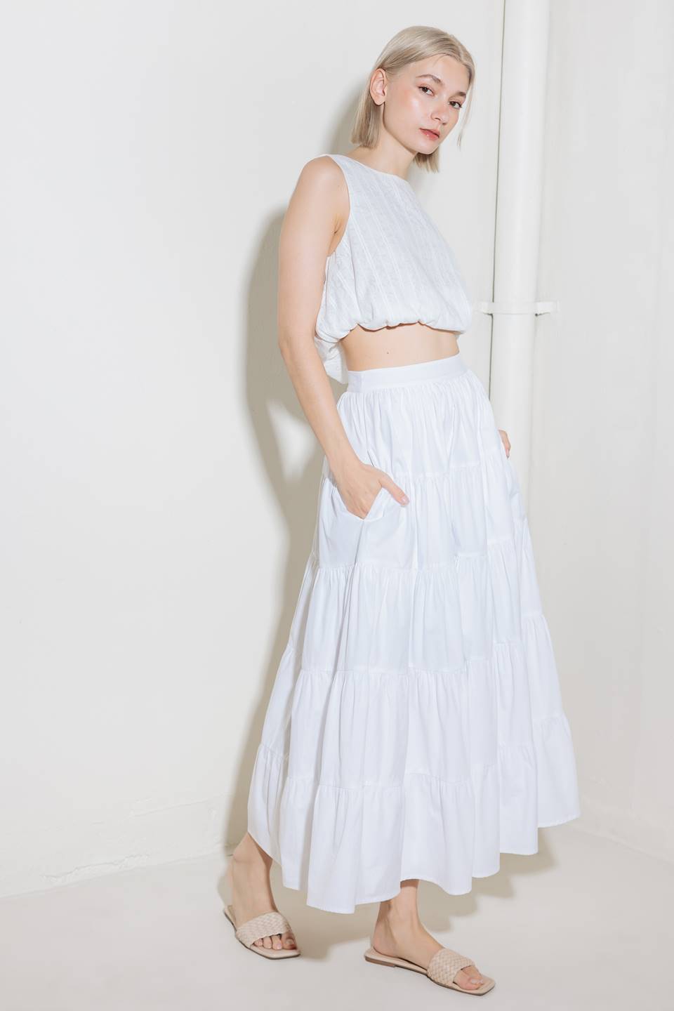 SIMPLY SPELLBOUND WHITE WOVEN FULL MIDI SKIRT