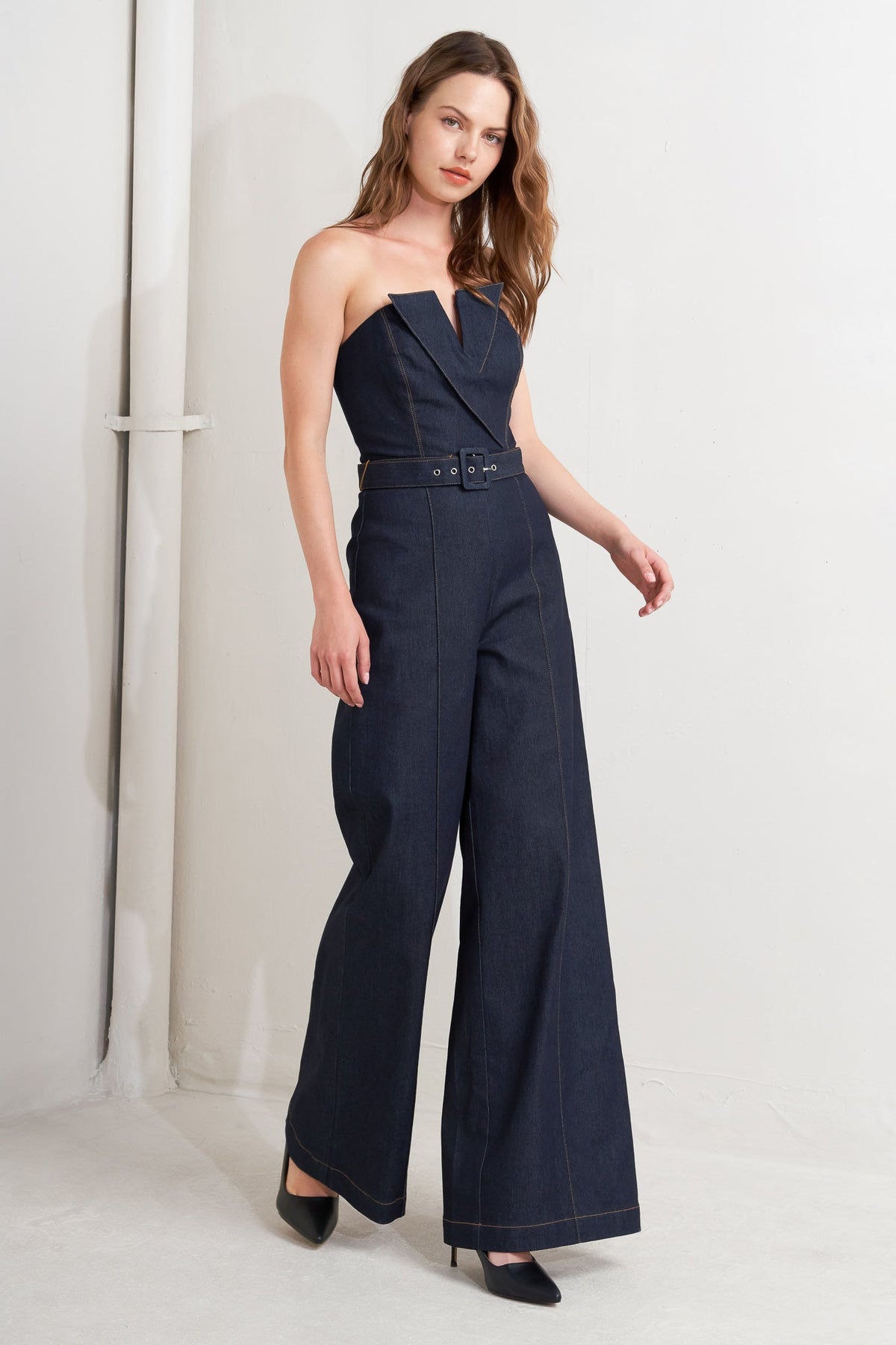 LE BONHEUR V CUT VOW DENIM JUMPSUIT