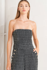 HAUTE STRAPLESS TWEED JUMPSUIT