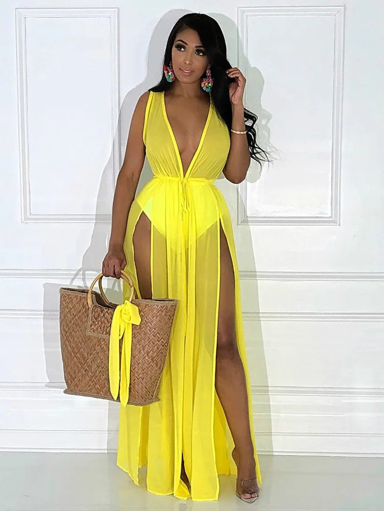 Loose Chiffon Beach Dress Sexy Women Solid Elegant Split Summer Maxi Dress Vestidos