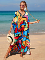 2025 Loose Boho Style Maxi Dress Print Face Swim Suit Cover-up Bohemian Dress Robe Plage Kaftan Maxi Dress Beach Wear Tunics