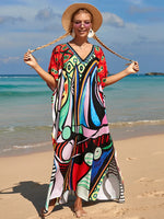 2025 Loose Boho Style Maxi Dress Print Face Swim Suit Cover-up Bohemian Dress Robe Plage Kaftan Maxi Dress Beach Wear Tunics