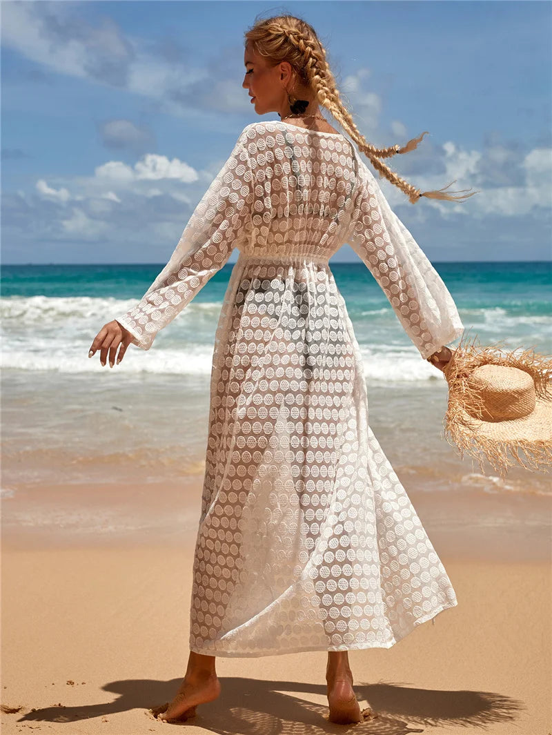 Crochet White Knitted Beach Cover Up Dress Tunic Long Pareos Bikinis Cover Ups Swim Cover Up Robe Plage Beachwear