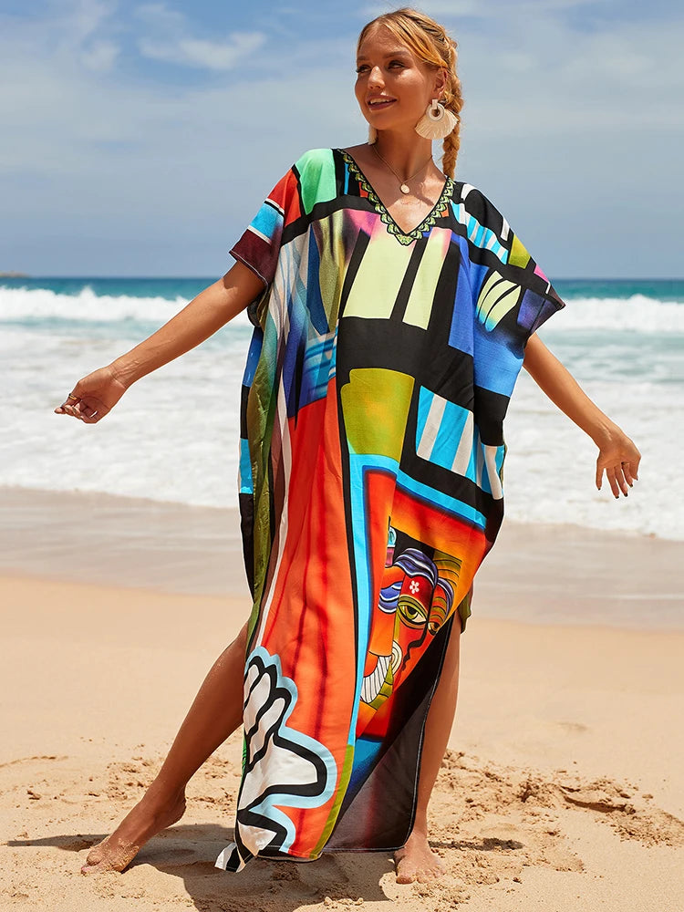 2025 Loose Boho Style Maxi Dress Print Face Swim Suit Cover-up Bohemian Dress Robe Plage Kaftan Maxi Dress Beach Wear Tunics