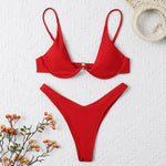 Sexy Underwire Bikini 2026 Mujer Women Solid Red Push Up Bra Thong Swimsuit Haler V Neck Bathing Suit Mini Micro Thong Swimwear