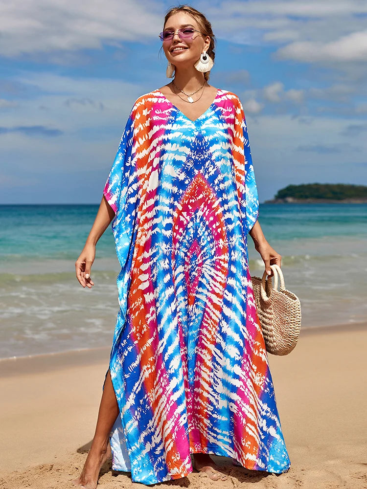 2025 Loose Boho Style Maxi Dress Print Face Swim Suit Cover-up Bohemian Dress Robe Plage Kaftan Maxi Dress Beach Wear Tunics