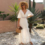 Summer White Maxi Dress for Women 2025 Lace Bohemian V-neck Solid Ruffles Beach Cover Up Wedding Party Vestidos