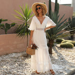 Summer White Maxi Dress for Women 2025 Lace Bohemian V-neck Solid Ruffles Beach Cover Up Wedding Party Vestidos