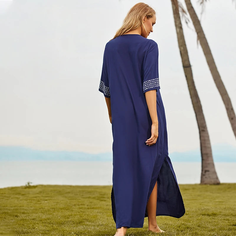 2026 Indie Folk Embroidered Short Sleeve Summer Dress Cotton Tunic Beach Kaftan Women Beachwear Swimsuit Cover Up Robe de plage