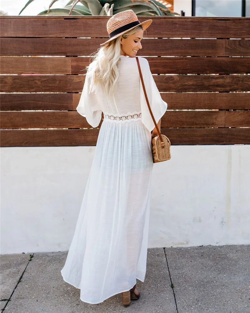 Crochet White Knitted Beach Cover Up Dress Tunic Long Pareos Bikinis Cover Ups Swim Cover Up Robe Plage Beachwear