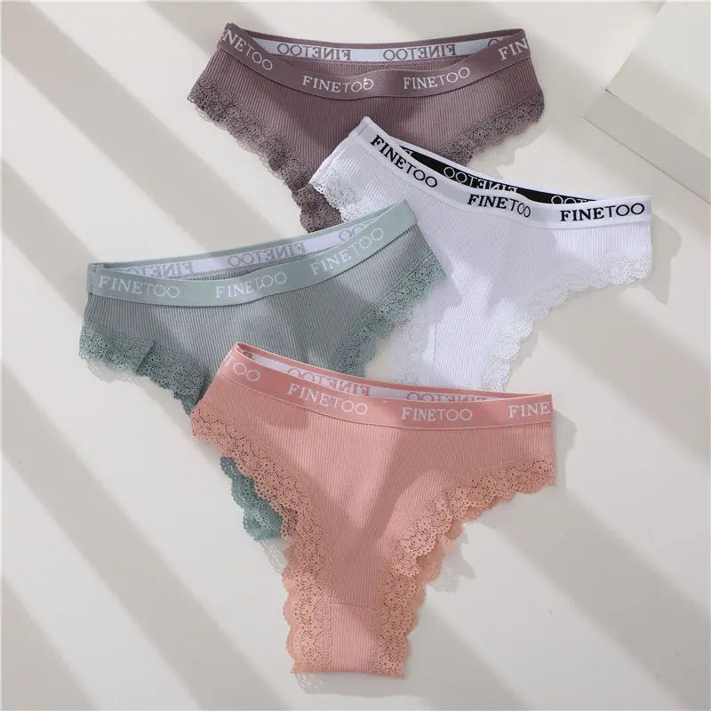 FINETOO Women Cotton Panties M-2XL Sexy Hollow Out Lace Briefs Female Letter Belt Brazil Underwear Girl Big Size PantyLingerie