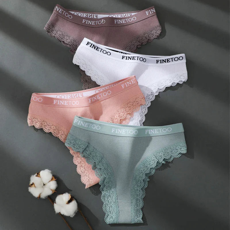 FINETOO Women Cotton Panties M-2XL Sexy Hollow Out Lace Briefs Female Letter Belt Brazil Underwear Girl Big Size PantyLingerie