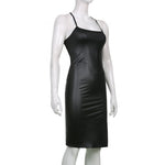 Women Sexy Suspender Mid-length Bodycon Dress Fashion Solid Color Leather Bandage Backless Skinny Split Dress For Female Mujer