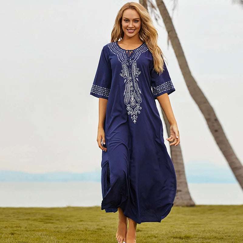 2026 Indie Folk Embroidered Short Sleeve Summer Dress Cotton Tunic Beach Kaftan Women Beachwear Swimsuit Cover Up Robe de plage