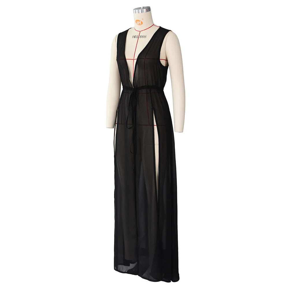 Loose Chiffon Beach Dress Sexy Women Solid Elegant Split Summer Maxi Dress Vestidos